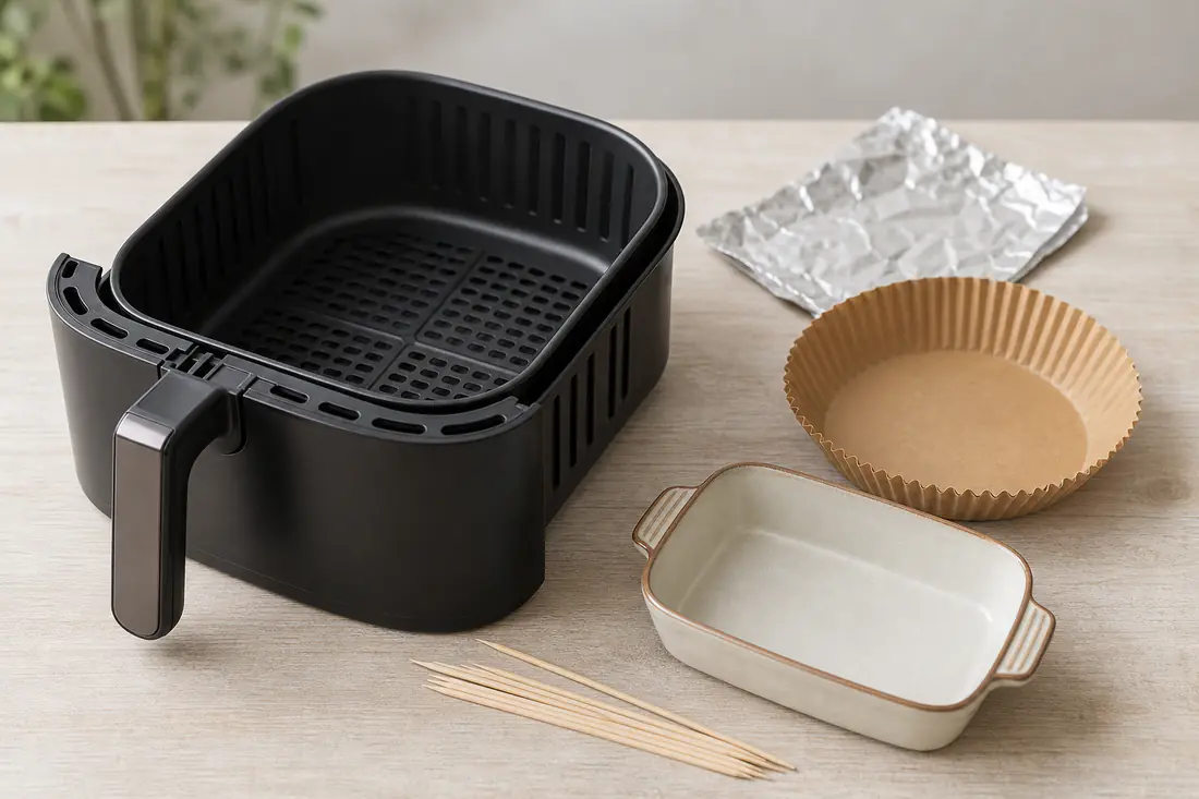 An open air fryer basket on a worktop with a small piece of foil, a baking paper liner, an oven-safe dish and wooden skewers laid beside it