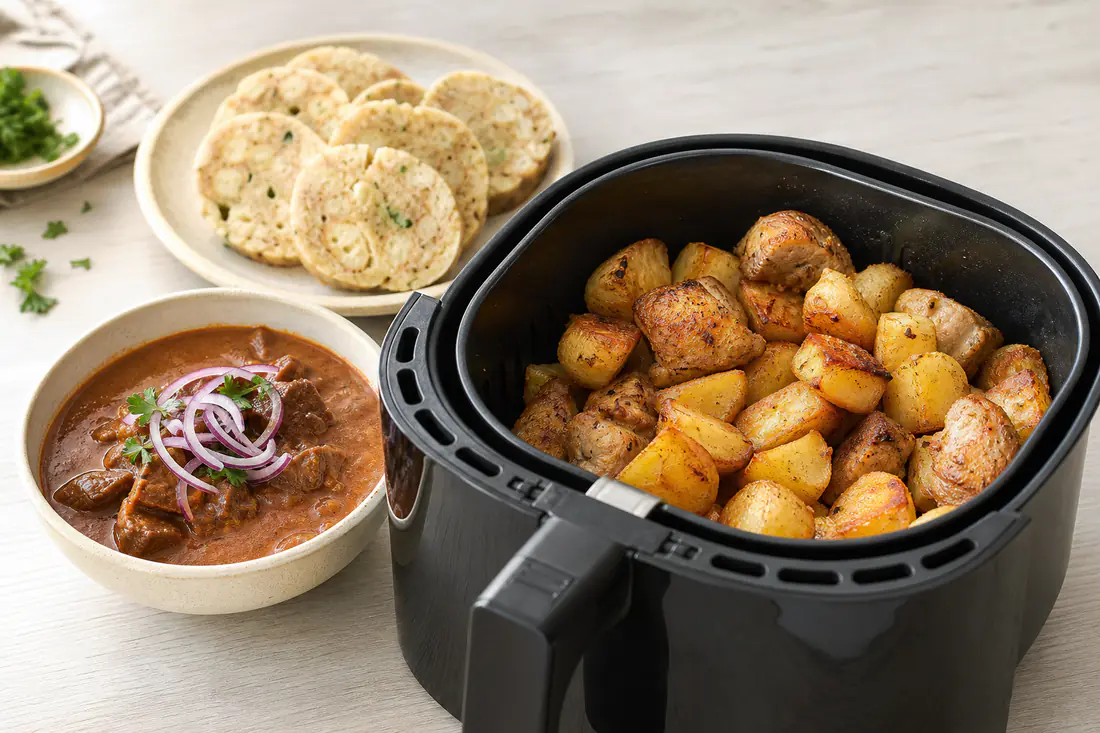 Roast potatoes and pork pieces in an air fryer basket with a bowl of goulash beside it
