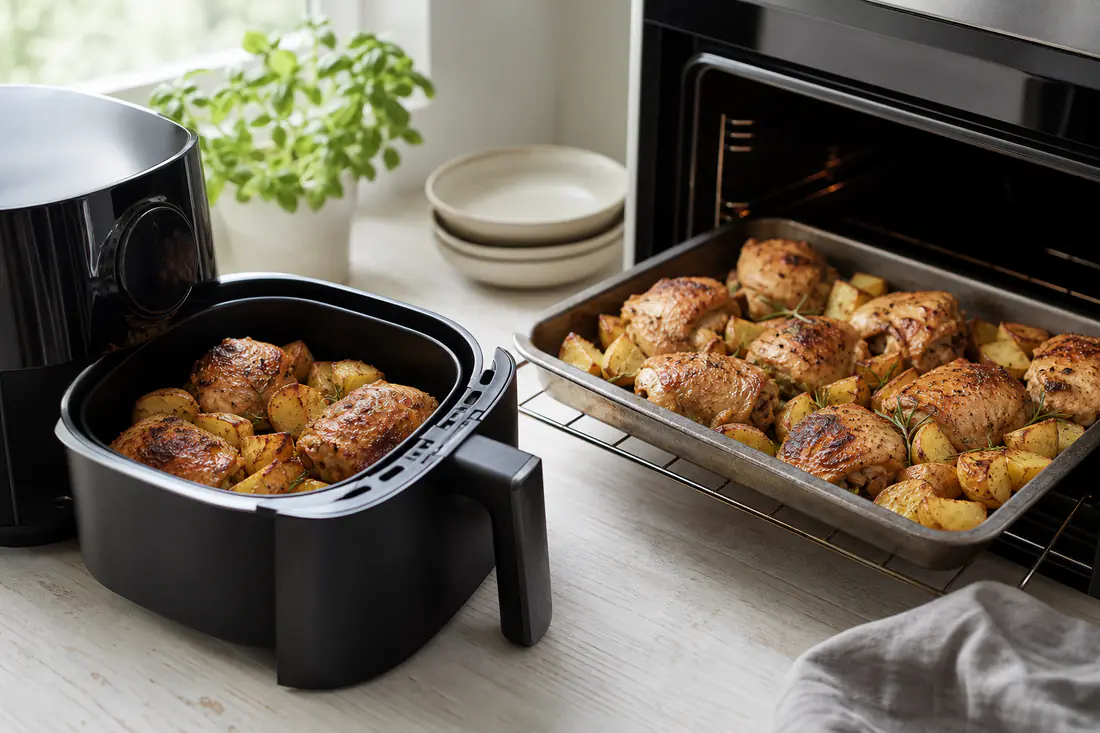 A basket air fryer holding roast chicken thighs and potatoes, next to a baking tray of the same food on an electric oven shelf