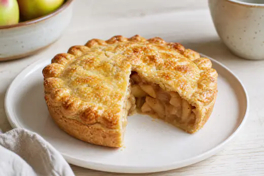 A small round apple pie with a golden shortcrust lid, one slice cut out to show the apple filling, on a white plate