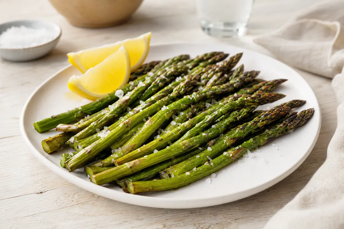 Roasted green asparagus spears with lightly browned tips and lemon wedges on a white plate