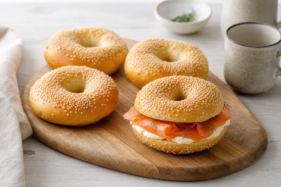 Four golden sesame seed bagels, one sliced and filled with cream cheese and smoked salmon, on a wooden board