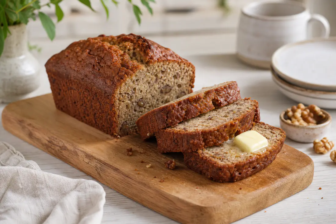 Sliced banana bread loaf with walnuts and a golden crust on a wooden board with butter