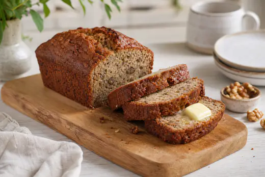 Sliced banana bread loaf with walnuts and a golden crust on a wooden board with butter