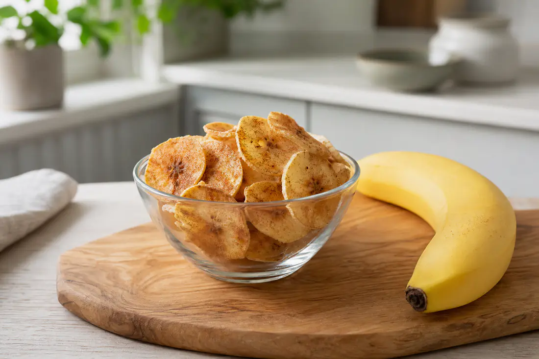 A small glass bowl of golden thin banana chips with a sprinkle of cinnamon on a wooden board beside a whole banana