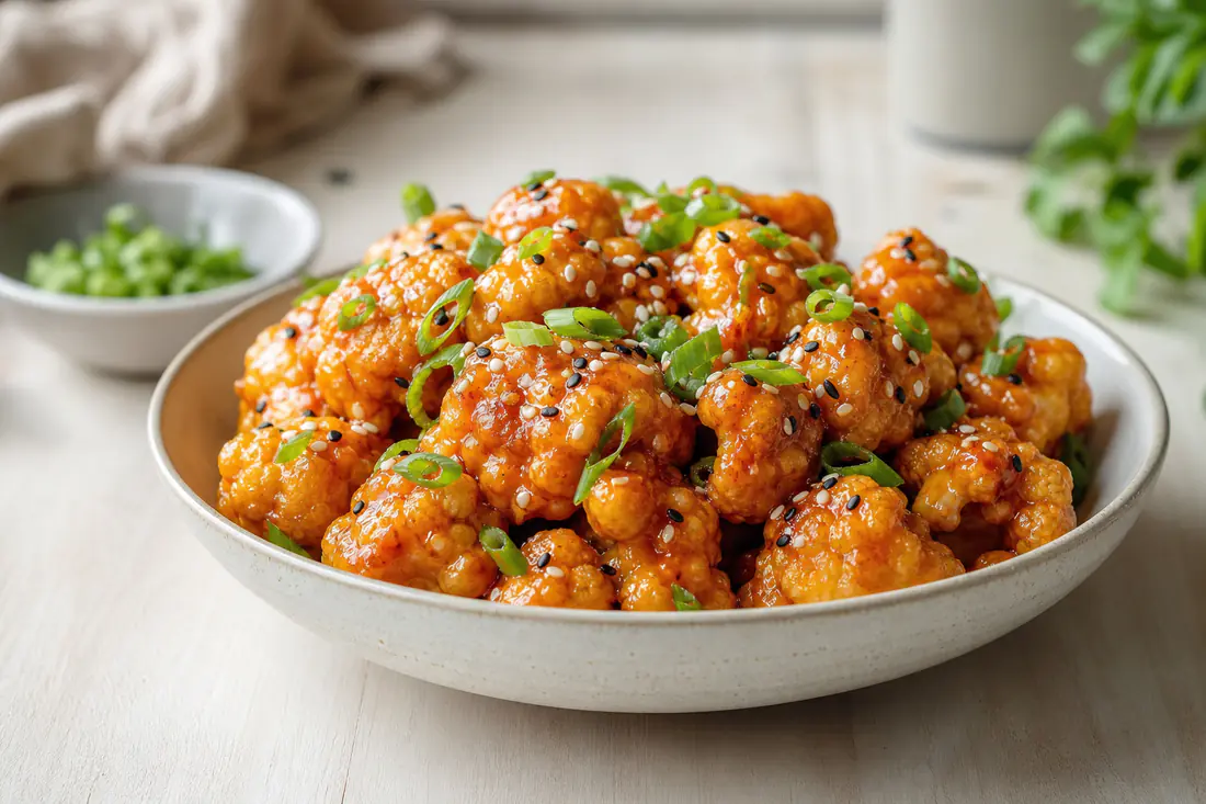 Crispy battered cauliflower florets coated in glossy orange bang bang sauce with sesame seeds and spring onions in a bowl