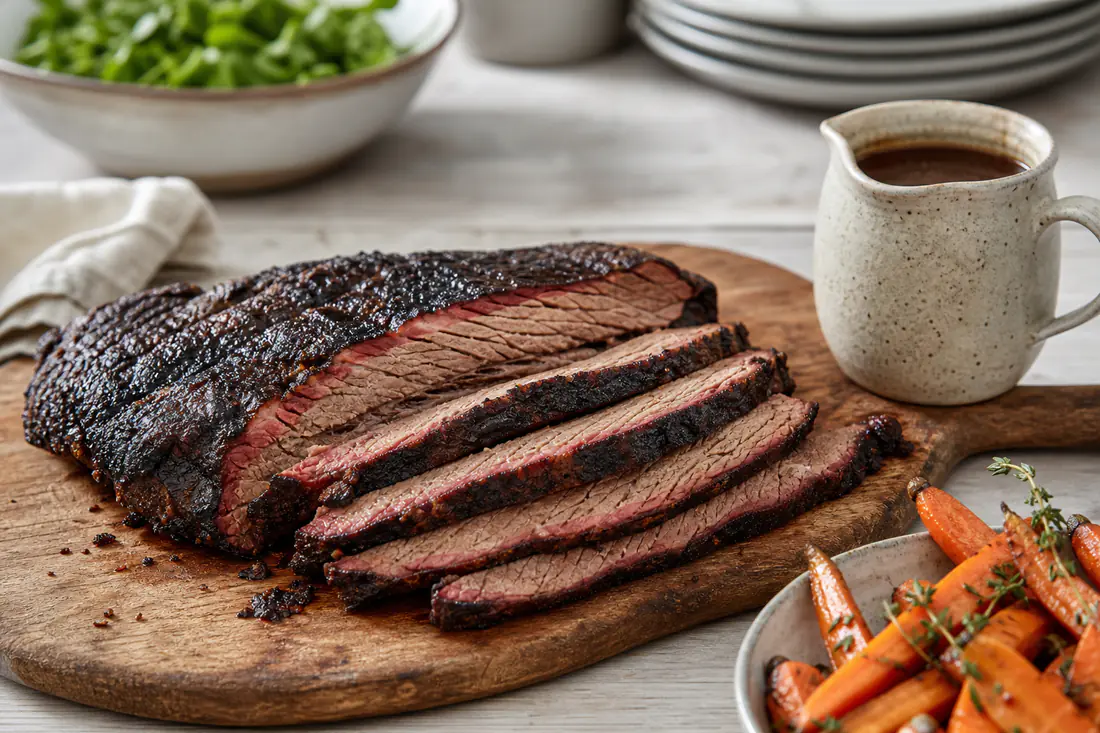 Thick slices of tender beef brisket with a dark crust on a board with roasted carrots and gravy