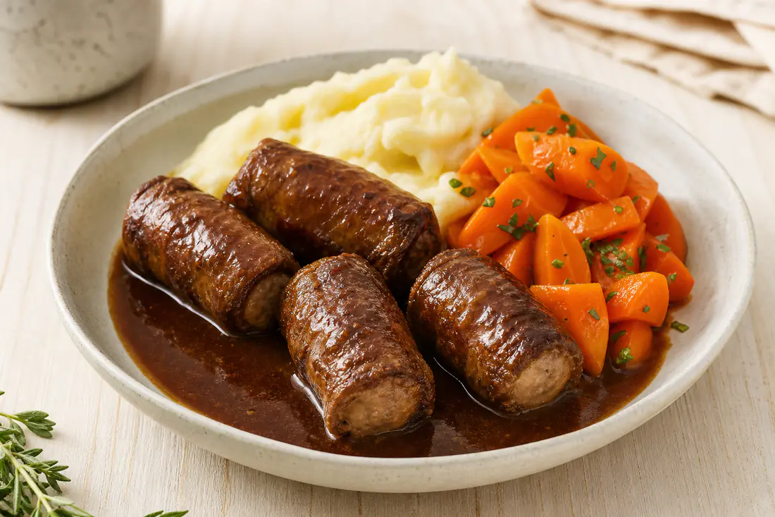 Four browned beef olives in dark gravy in a small dish with mashed potato and carrots