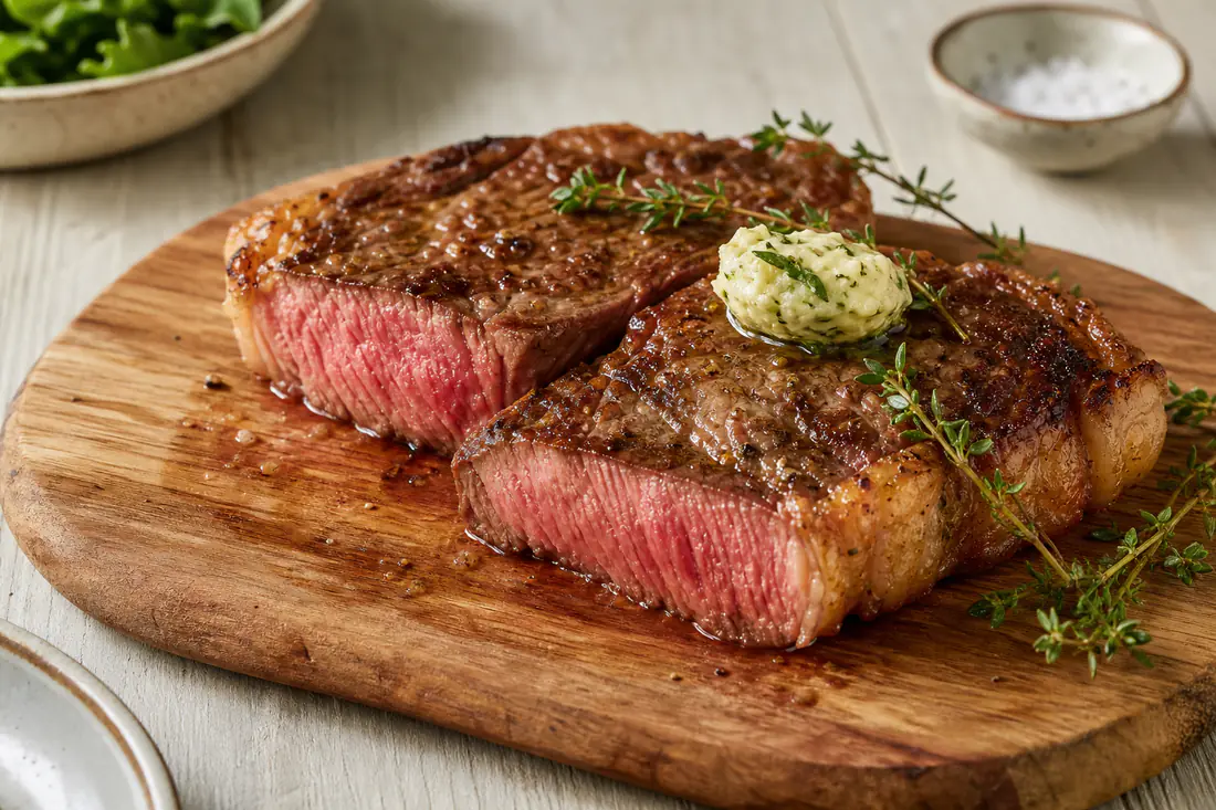 Two sliced sirloin steaks with a browned fat edge and a pink centre on a board with butter and thyme