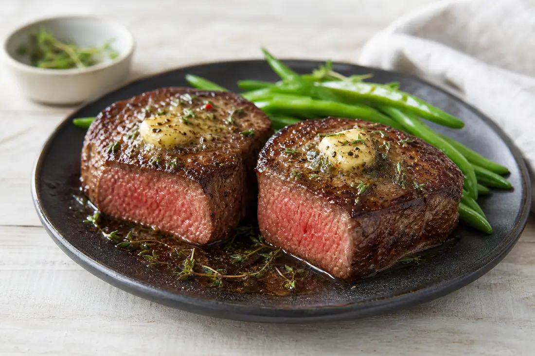 Two thick fillet steaks, browned outside and rosy pink inside, on a dark plate with butter, thyme and green beans