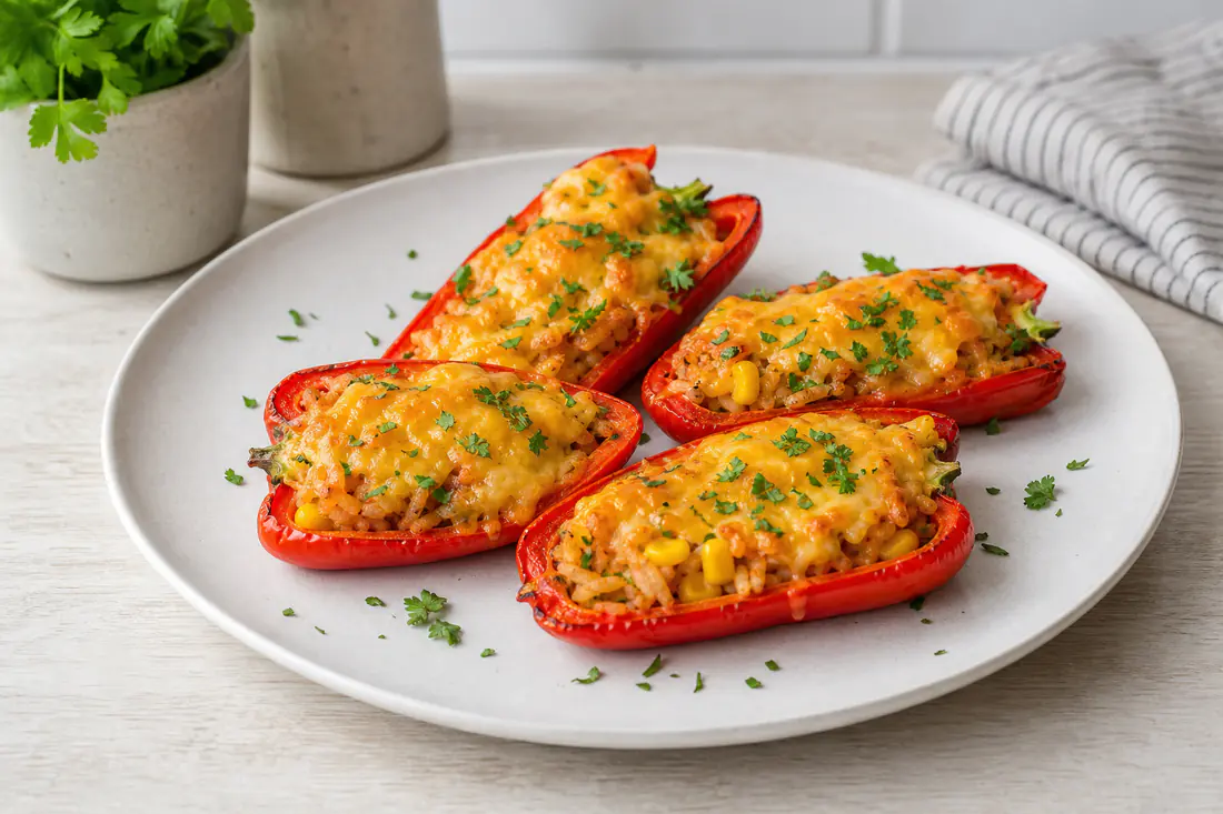 Four halved red peppers stuffed with rice, sweetcorn and melted golden cheddar on a white plate