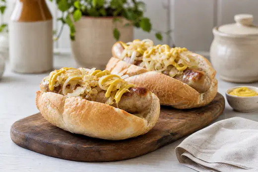 Golden bratwurst in crusty rolls with mustard and sauerkraut on a wooden board with softened onions