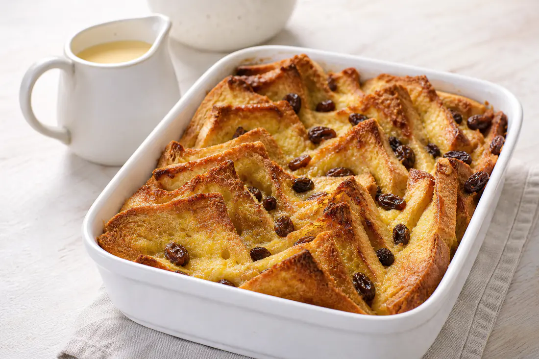 A golden bread and butter pudding with sultanas and crisp bread triangles in a white baking dish
