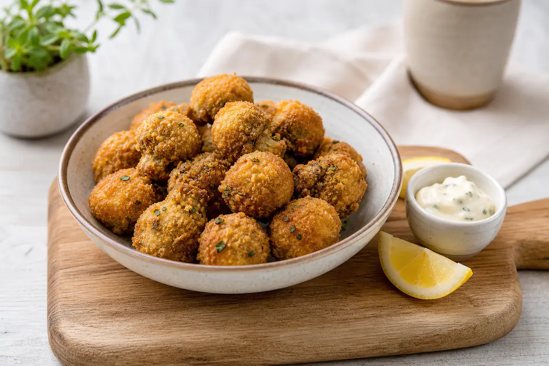 Golden breaded button mushrooms piled in a bowl with a pot of garlic mayonnaise and lemon wedges