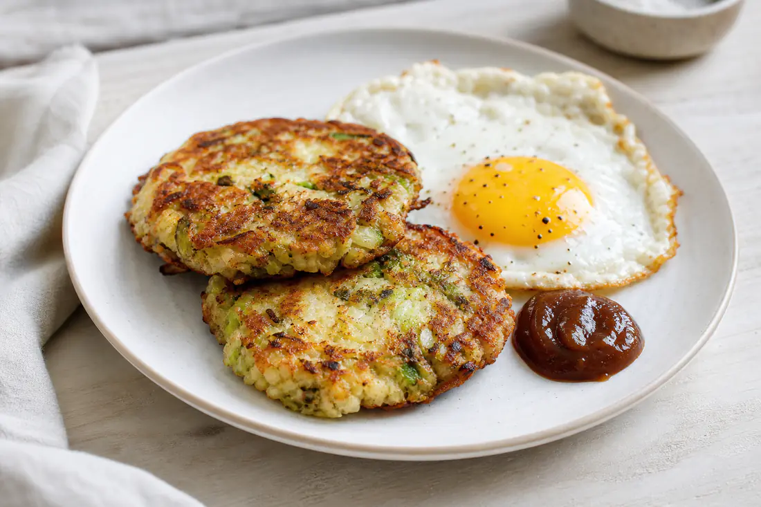 Crisp golden bubble and squeak cakes on a plate with a fried egg and brown sauce