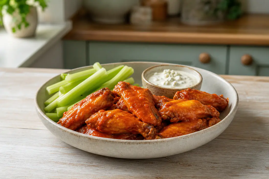 A bowl of glossy red buffalo chicken wings with celery sticks and a pot of blue cheese dip