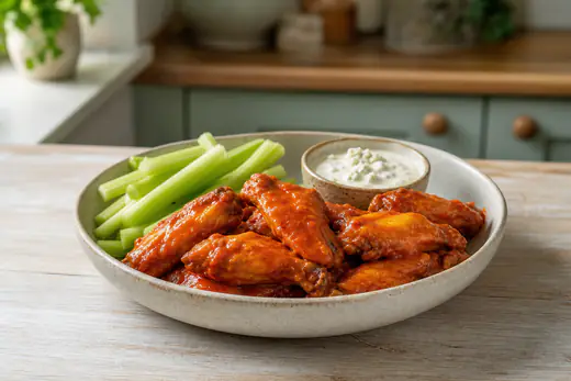 A bowl of glossy red buffalo chicken wings with celery sticks and a pot of blue cheese dip