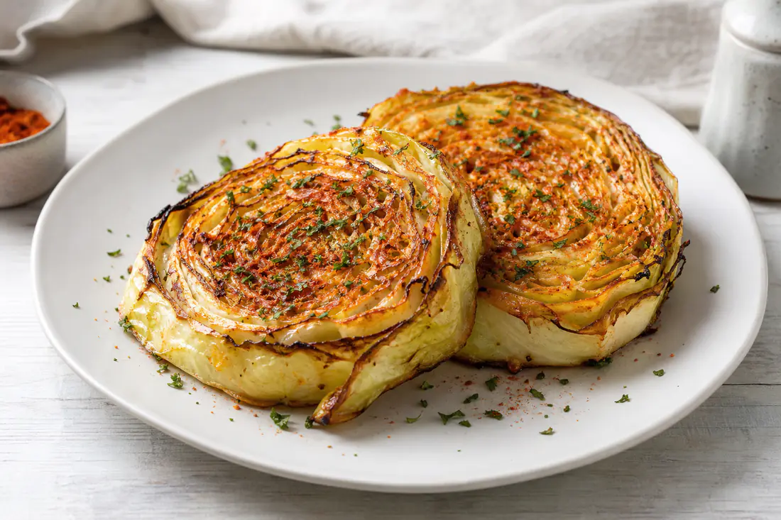 Two thick roasted cabbage steaks with crisp browned edges and a sprinkle of parsley on a white plate