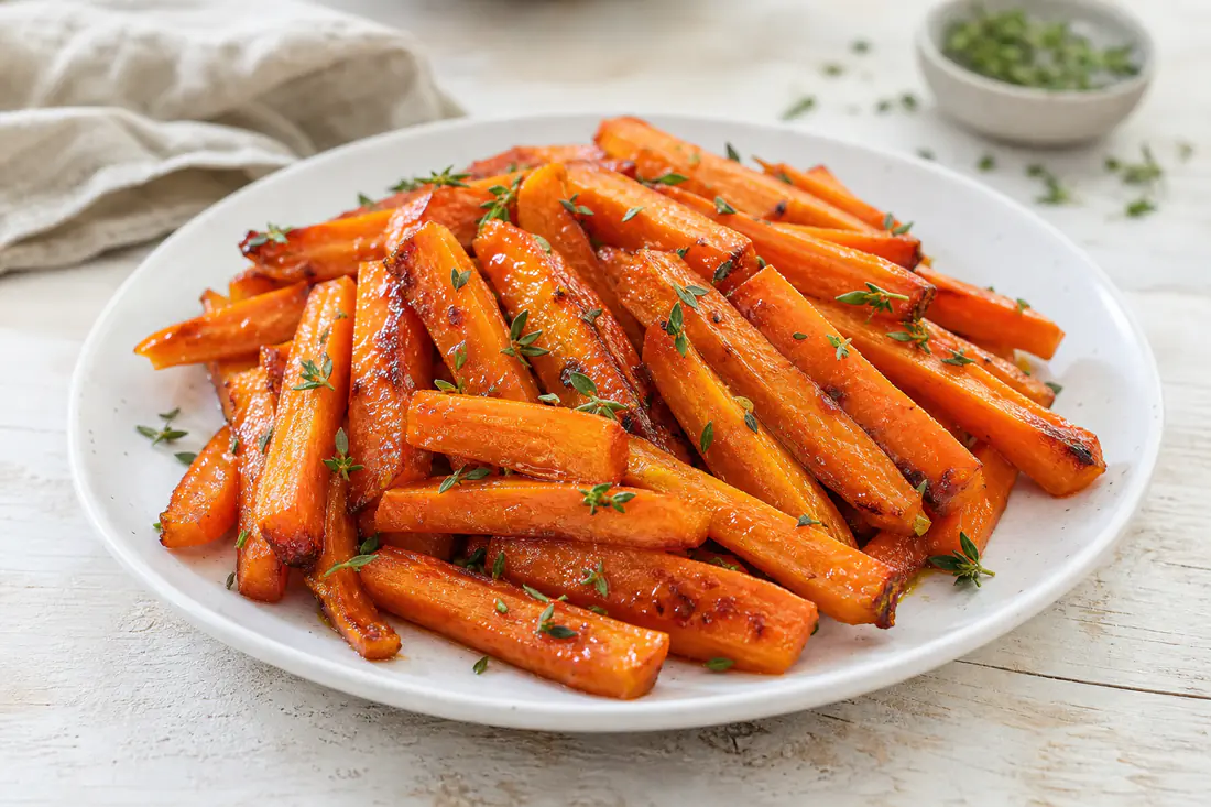 Honey roasted carrot batons with browned edges and fresh thyme on a white plate
