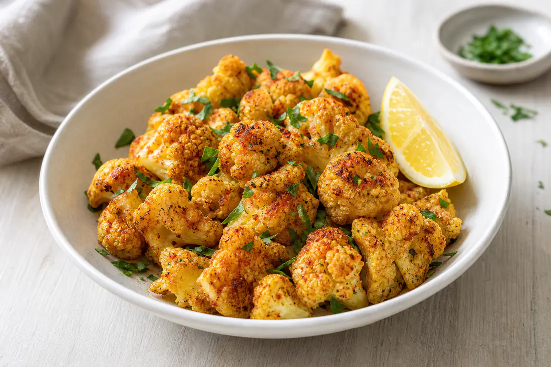 Golden roasted cauliflower florets dusted with spices and fresh parsley in a white bowl