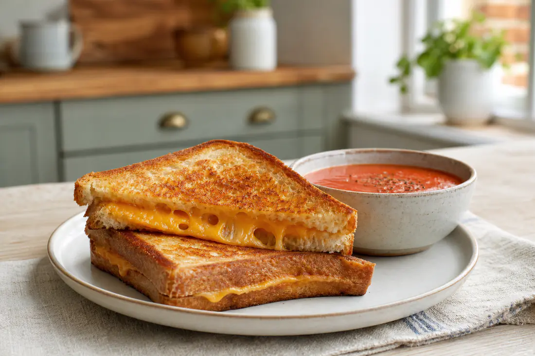 A golden cheese toastie cut in half diagonally showing stretchy melted cheddar, on a plate with a small bowl of tomato soup
