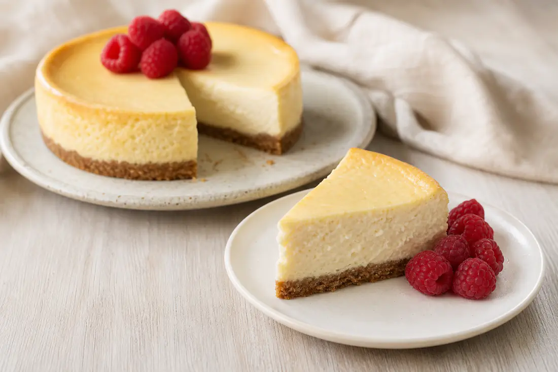 A slice of baked vanilla cheesecake with a biscuit base on a white plate beside the whole small cheesecake and fresh raspberries