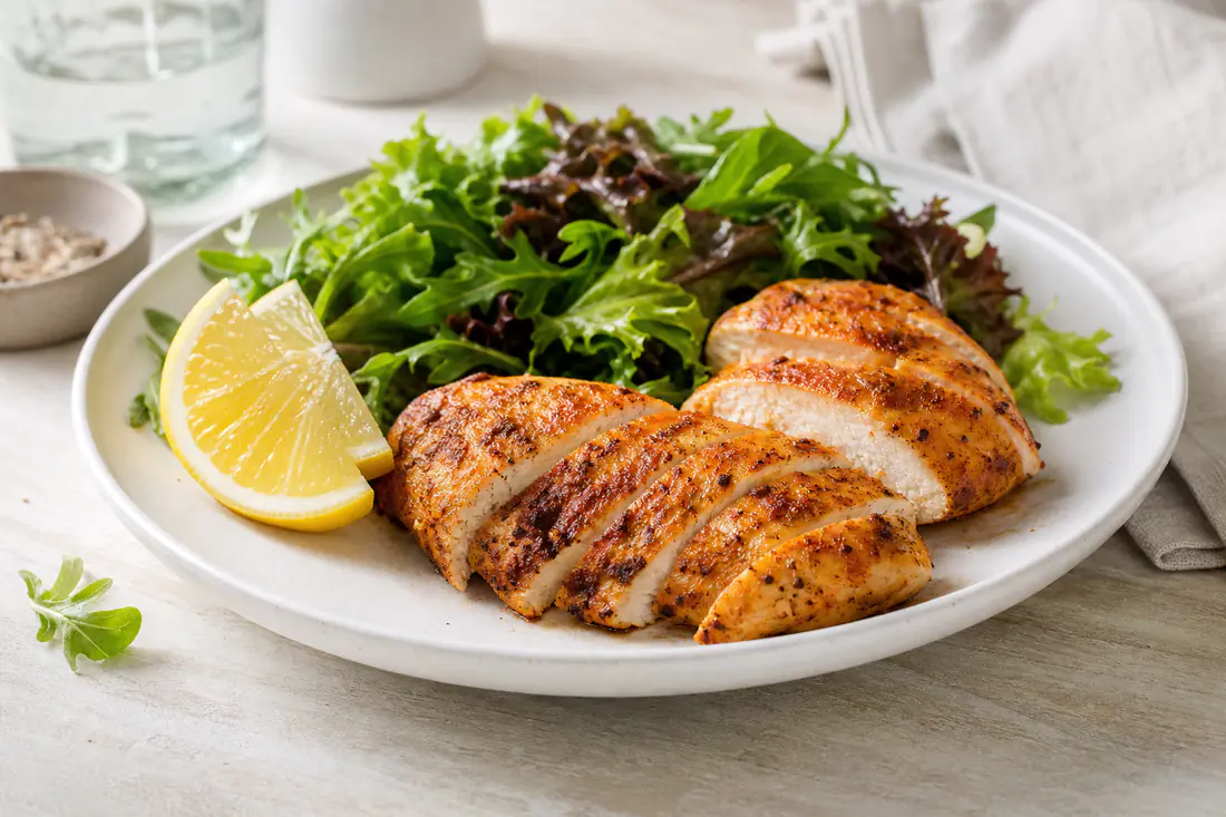 Two sliced golden chicken breasts with paprika seasoning on a white plate with salad and lemon wedges
