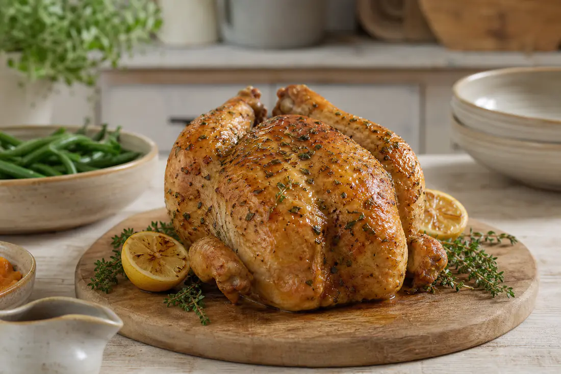A golden roasted chicken crown with herb butter on a carving board with lemon halves and thyme