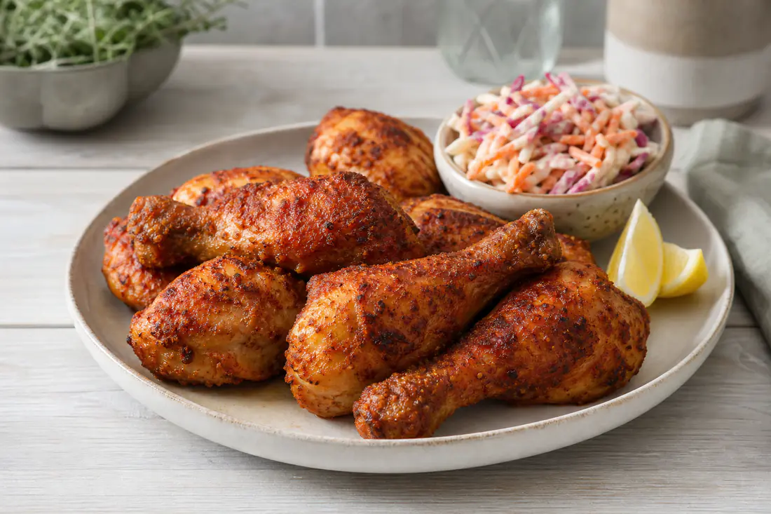 Eight crispy golden chicken drumsticks on a serving plate with coleslaw and lemon wedges