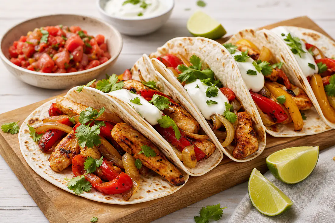 Strips of seasoned chicken with red and yellow peppers and onion in warm tortillas with soured cream and lime