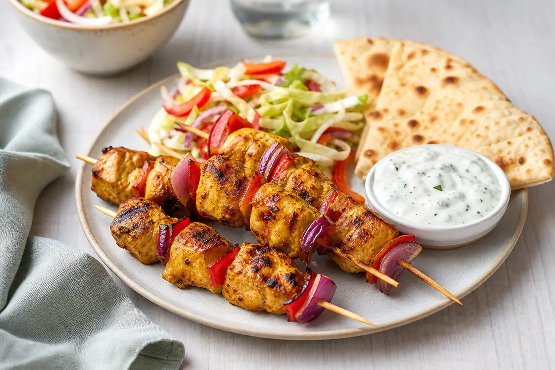 Golden chicken kebab skewers with charred edges on a plate with flatbread, salad and garlic sauce