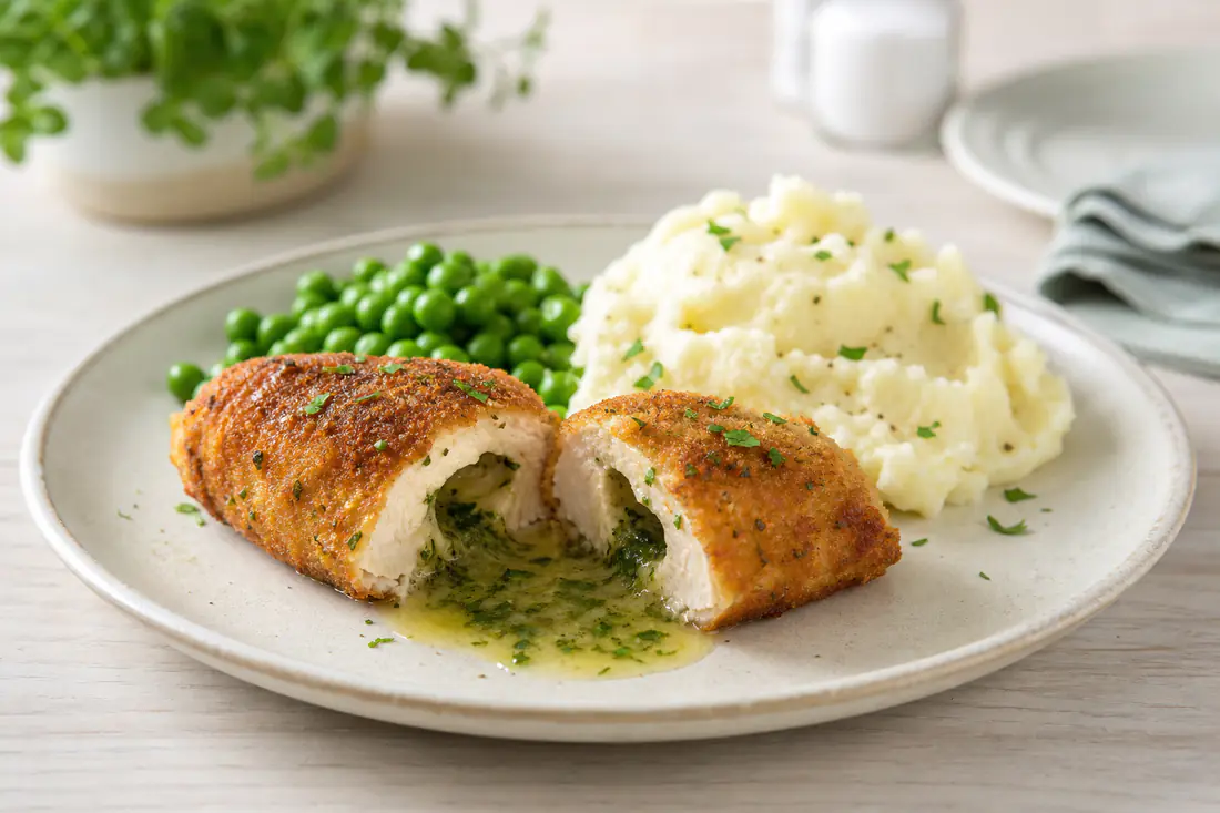 A golden breaded chicken kiev cut open to show melted garlic and parsley butter, served with peas and mash