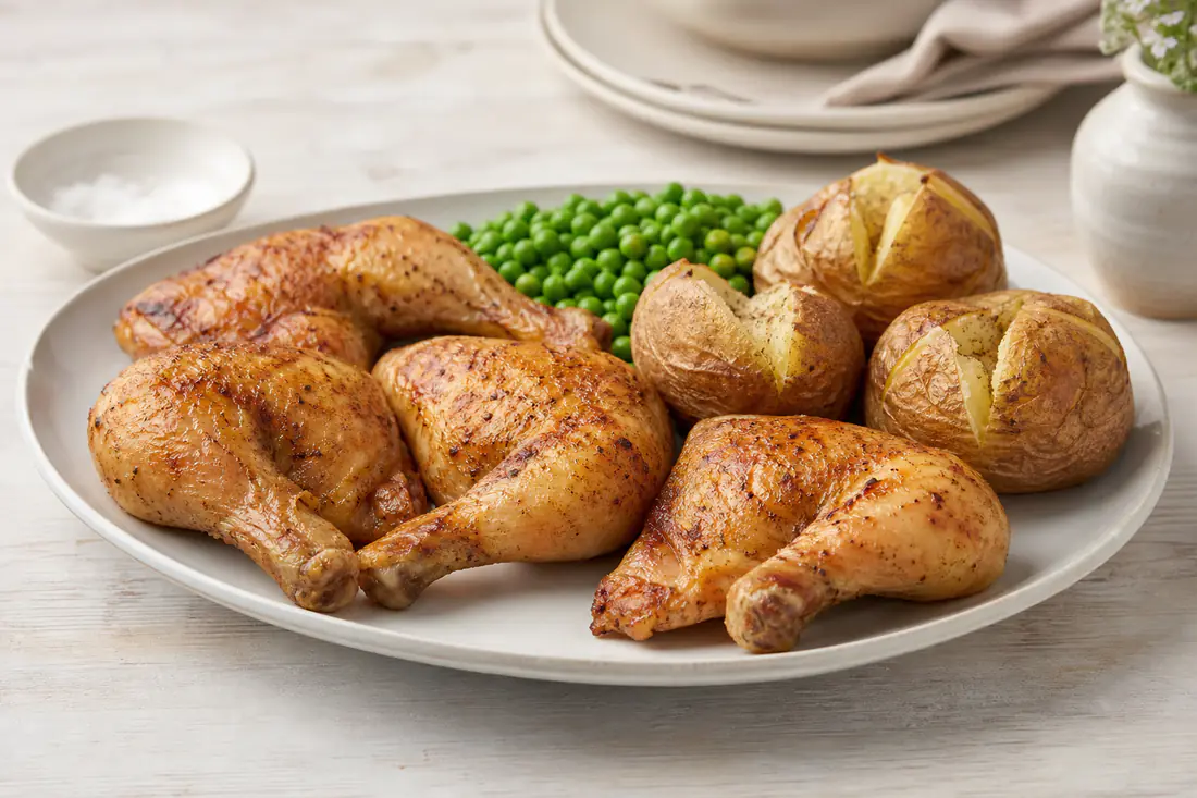 Four whole roasted chicken leg quarters with golden crisp skin on a platter with roast potatoes and peas