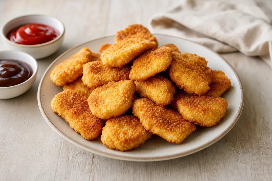 A pile of golden breaded chicken nuggets on a plate with ketchup and barbecue dipping sauces