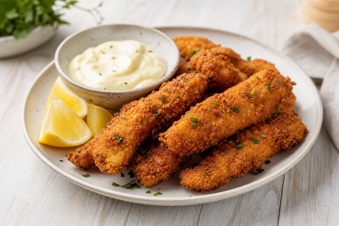 Crispy golden breaded chicken goujons stacked on a plate with a bowl of garlic mayonnaise and lemon wedges