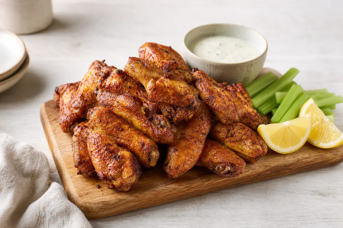 A pile of crispy golden chicken wings with a dry rub on a board with a bowl of dip, celery sticks and lemon wedges
