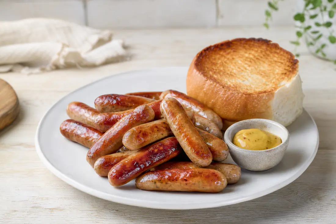 A pile of golden brown chipolata sausages on a white plate with a pot of mustard and a toasted bap
