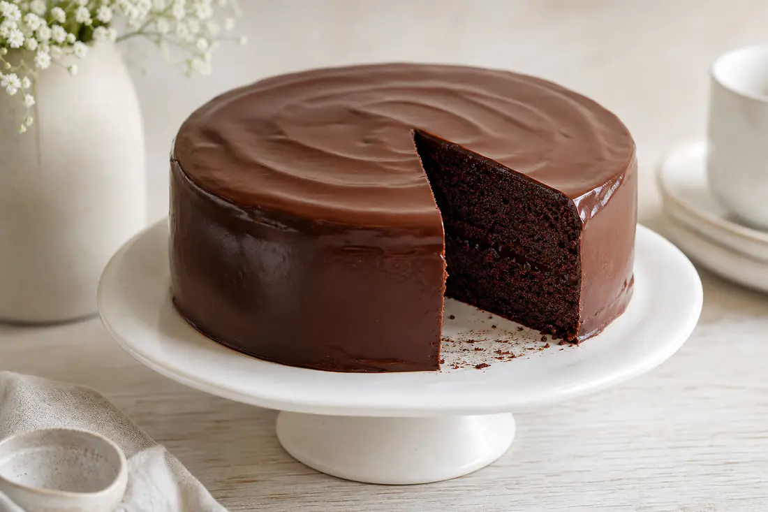 A small round chocolate cake covered in glossy chocolate ganache with one slice cut out on a white cake stand