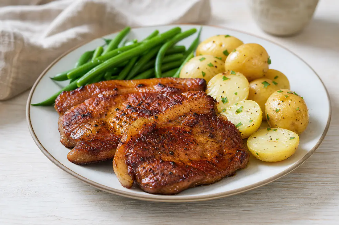 Two browned pork shoulder steaks with paprika rub on a plate with boiled potatoes and green beans