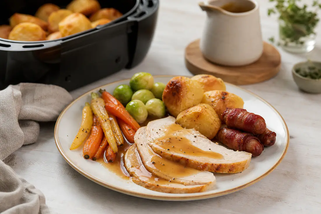 Sliced turkey crown with roast potatoes, parsnips, pigs in blankets, sprouts and gravy on a Christmas dinner plate