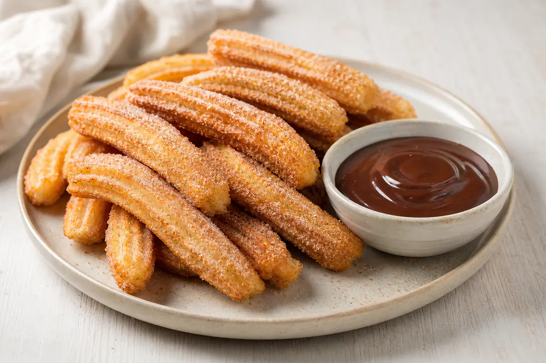 Ridged golden churros rolled in cinnamon sugar beside a small bowl of chocolate dipping sauce