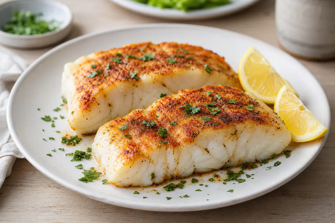 Two thick flaky cod fillets with a golden paprika crust on a white plate with lemon wedges and parsley