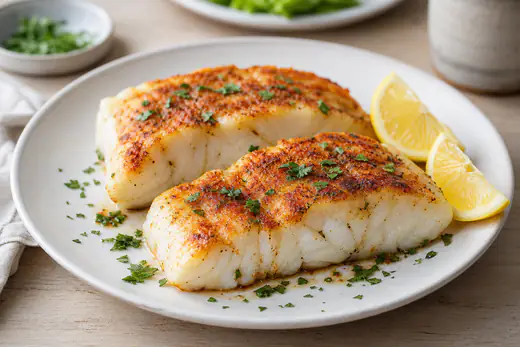 Two thick flaky cod fillets with a golden paprika crust on a white plate with lemon wedges and parsley