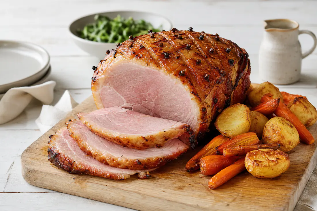 Honey glazed gammon joint studded with cloves, partly sliced on a board with roast potatoes and carrots