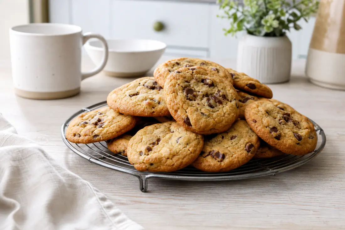 Chocolate chip cookies with golden edges and melted chocolate on a wire cooling rack