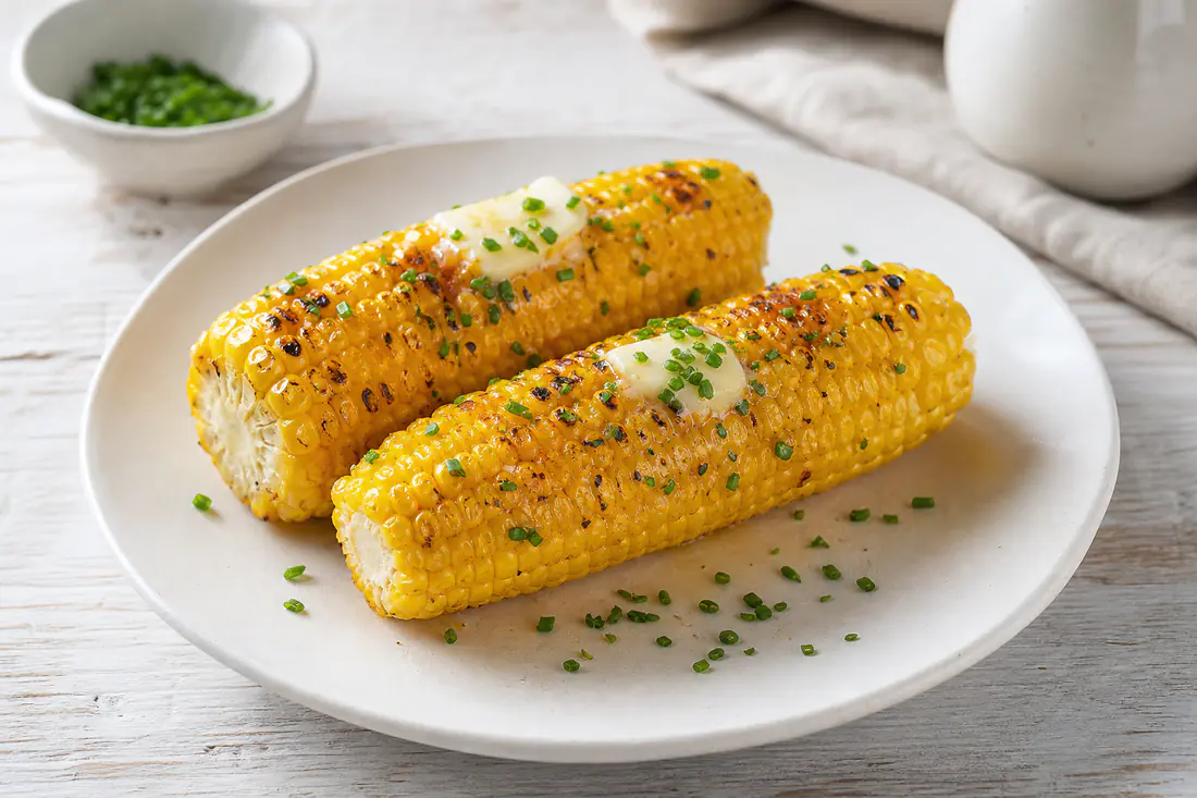 Two golden corn cobs with lightly charred kernels, melted butter and chopped chives on a white plate