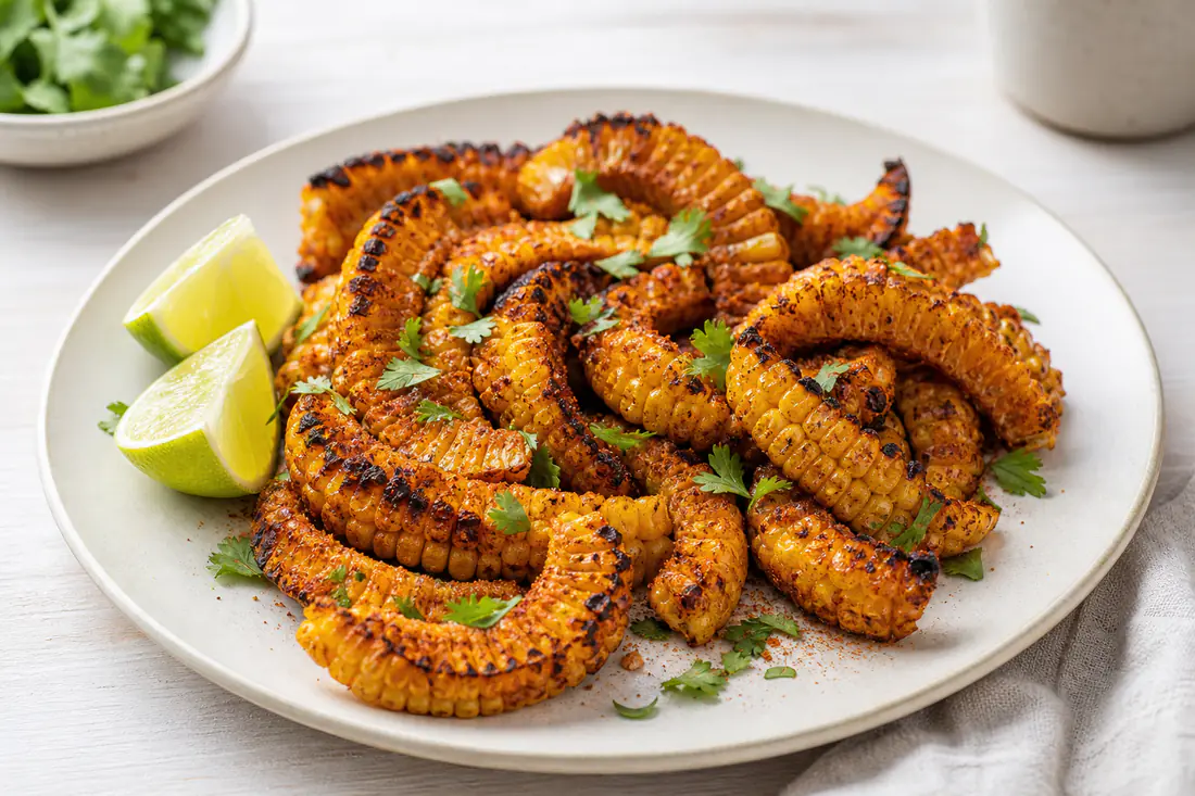 Curled golden corn ribs with smoked paprika and chopped coriander on a plate with lime wedges