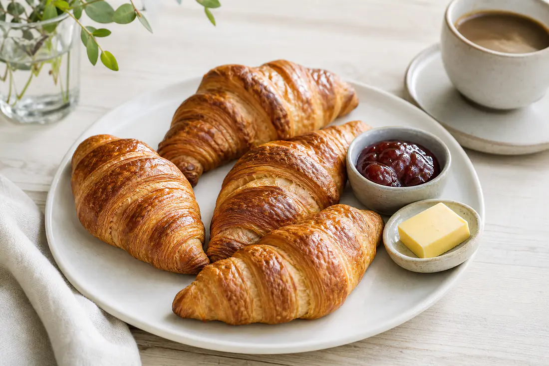 Four golden flaky croissants on a white plate with a small pot of jam and a cup of coffee