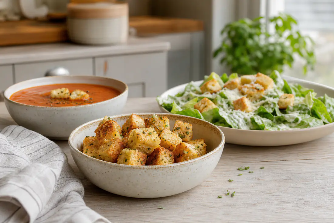 A bowl of golden homemade croutons with herbs next to a Caesar salad and a bowl of tomato soup on a wooden table
