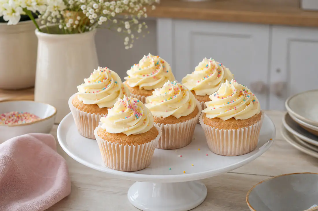 Six vanilla cupcakes with swirls of pale buttercream and sprinkles on a white cake stand